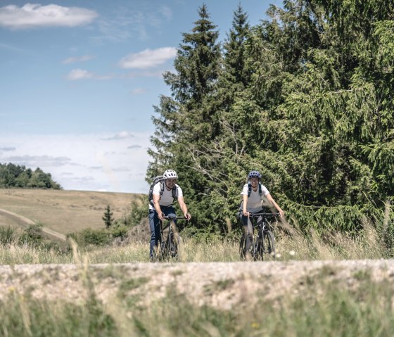 Deux cyclistes roulent sur un chemin à travers un paysage vert avec des arbres et un ciel bleu. Ils portent des casques et des sacs à dos., © Eifel Tourismus GmbH, Dennis Stratmann Deux cyclistes roulent sur un chemin à travers un paysage vert avec des arbres et un ciel bleu. Ils portent des casques et des sacs à dos., © Eifel Tourismus GmbH, Dennis Stratmann