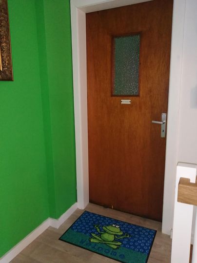 Eine Holztür mit einem Fenster, umgeben von einer grünen Wand. Vor der Tür liegt ein Teppich mit einem Frosch-Motiv.