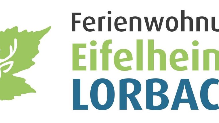 Eine Grafik für eine Ferienwohnung namens "Eifelheimat Lorbach". Sie zeigt ein Blatt und ein Geweih, sowie den Schriftzug in verschiedenen Farben.