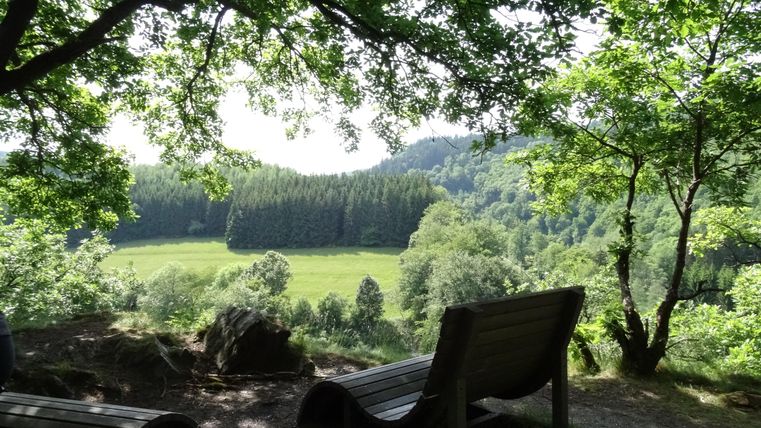 Eine ruhige Aussicht auf eine grüne Wiese, umgeben von Bäumen und Hügeln. Im Vordergrund stehen zwei Holzliegen, die zum Entspannen einladen.