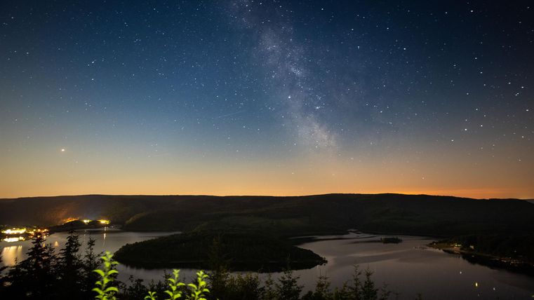 An impressive night scene with the starry sky and the Milky Way. In the foreground, there are trees, while the river shimmers gently in the moonlight.