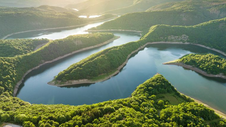 Eine idyllische Landschaft mit einem mäandrierenden Fluss, umgeben von grünen Wäldern. Das Sonnenlicht spiegelt sich sanft im Wasser.