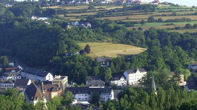 Eine malerische Landschaft mit grünen Hügeln und einem ruhigen Dorf. Die Gebäude sind in einer hübschen Umgebung eingebettet, umgeben von Bäumen.