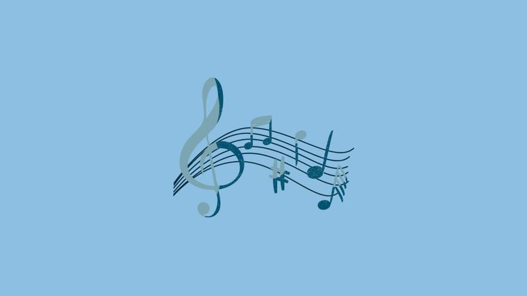 Eine musikalische Notation mit Notenschlüsseln und Noten auf blauem Hintergrund. Die Grafik vermittelt ein Gefühl von Kreativität und Harmonie.