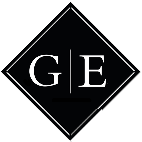 Ein elegantes Logo in einem schwarzen Diamanten. Die Buchstaben "G" und "E" sind stilvoll angeordnet.