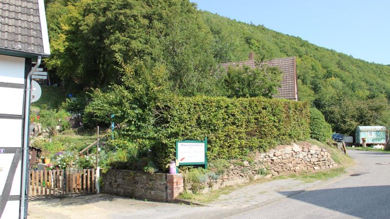 Eine ruhige Straße in einer ländlichen Umgebung mit üppigem Grün und einem steilen Hang im Hintergrund. Im Vordergrund sind ein Grundstück mit einer Hecke und ein Weg zu sehen.