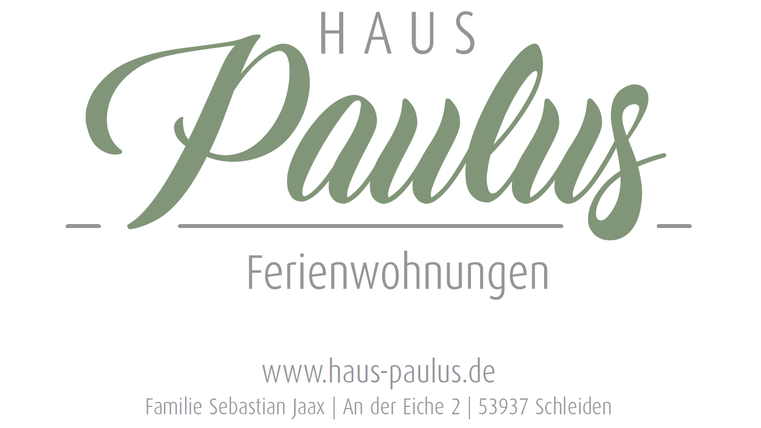 Ein Logo für "Haus Paulus" mit der Beschreibung "Ferienwohnungen". Die Website und die Adresse sind ebenfalls angegeben.