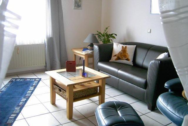 Ein gemütliches Wohnzimmer mit einem schwarzen Sofa und einem Holztisch. Es gibt einen blauen Teppich und große Fenster, die viel Licht hereinlassen.