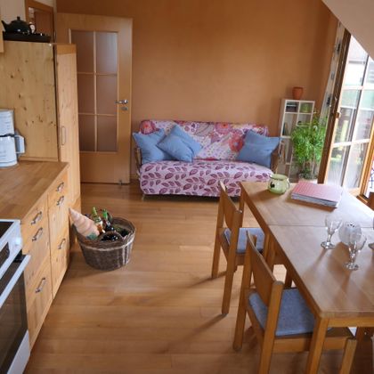 Eine gemütliche Wohnung mit einer modernen Küche und einem Essbereich. Im Wohnzimmer steht ein Sofa und es gibt Zugang zu einem Balkon.