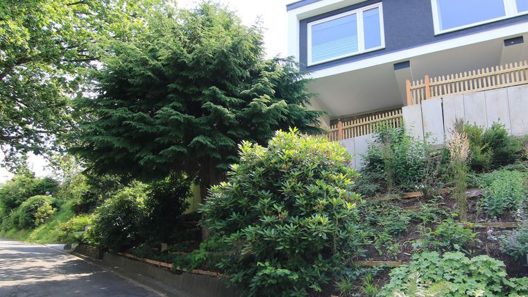 Ein modernes Haus auf einem leicht ansteigenden Gelände, umgeben von üppigem Grün und Sträuchern. Die ruhige Umgebung und der gepflegte Garten vermitteln ein einladendes Gefühl.