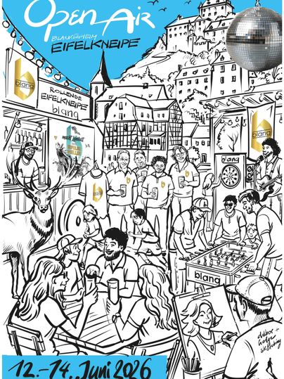 Eine lebhafte Open-Air-Veranstaltung mit Menschen, die Getränke genießen und verschiedene Spiele spielen. Im Hintergrund sind Gebäude und eine Burg zu sehen, was eine festliche Atmosphäre schafft.