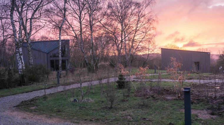 Eine ruhige Landschaft mit modernen Gebäuden und einer malerischen Abenddämmerung. Bäume umgeben die Wege und das sanfte Licht verleiht der Szenerie eine friedliche Atmosphäre.