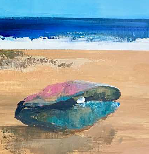 Eine bunte Muschel liegt am Strand neben dem Wasser. Der Himmel ist blau und das Meer erstreckt sich im Hintergrund.