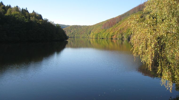 Ein ruhiger Fluss, umgeben von Hügeln und Bäumen. Der Himmel ist klar und die Natur spiegelt sich im Wasser.