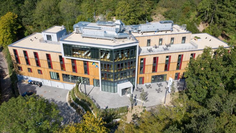 Ein modernes Gebäude umgeben von Bäumen. Es verfügt über große Fenster und eine Terrasse.