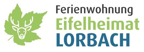 Eine Grafik für eine Ferienwohnung namens "Eifelheimat Lorbach". Sie zeigt ein Blatt und ein Geweih, sowie den Schriftzug in verschiedenen Farben.