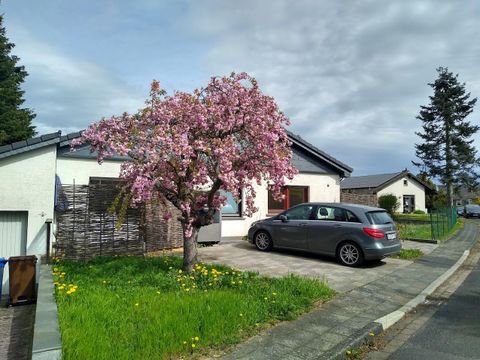 Ein Haus mit einem blühenden Kirschbaum im Vordergrund. Ein graues Auto parkt auf der Einfahrt.