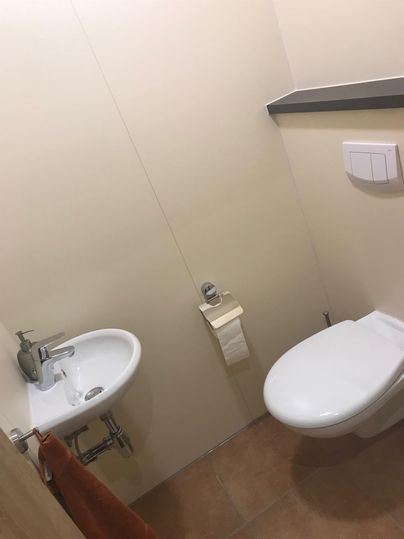 Ein einfaches Badezimmer mit einem Waschbecken und einer Toilette. Die Wände sind hell und die Ausstattung ist modern.