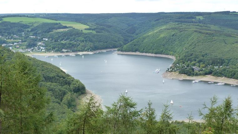Eine malerische Landschaft mit einem ruhigen See, umgeben von sanften Hügeln und Wäldern. Segelboote schippern friedlich auf dem Wasser.