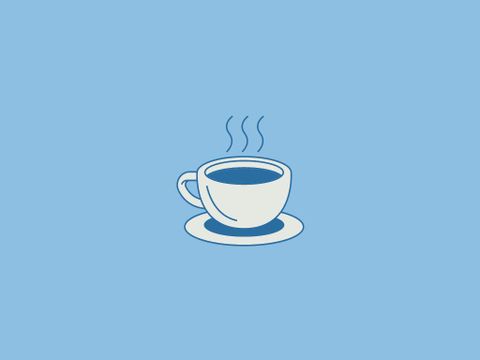 A cup of coffee on a plate against a blue background. The coffee is steaming fresh and inviting.