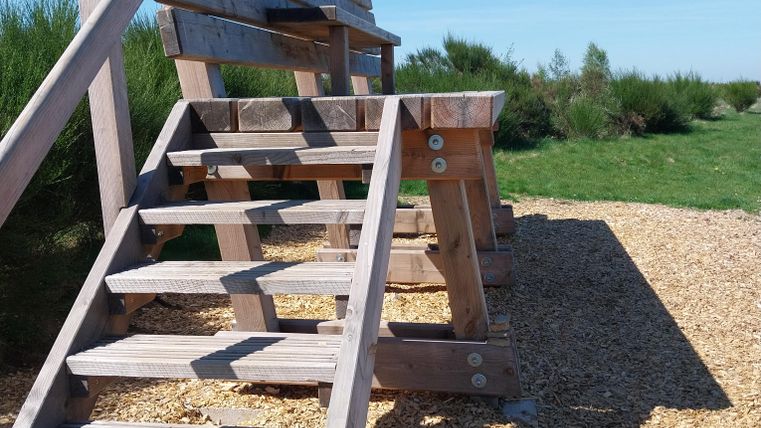 Eine Holzleiter führt zu einer Aussichtsplattform. Die Umgebung ist grün mit einem blauen Himmel.