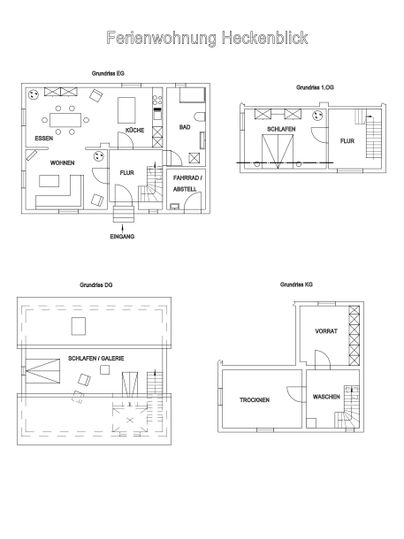 Eine Übersicht von Grundrissen für eine Ferienwohnung namens "Hockenblick". Die Pläne zeigen verschiedene Räume und deren Anordnung.