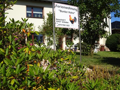 A holiday home named "Bunter Hahn". The garden is green and invitingly designed.