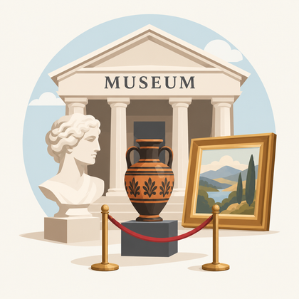 Een museum met een antiek standbeeld, een kunstzinnige vaas en een schilderij. De tentoongestelde voorwerpen zijn beschermd door een rode afzetband.