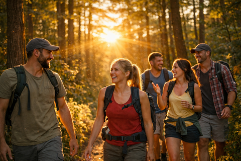 Eine Gruppe von fünf Freunden wandert fröhlich durch den Wald. Die Sonne scheint durch die Bäume und schafft eine warme, einladende Atmosphäre.