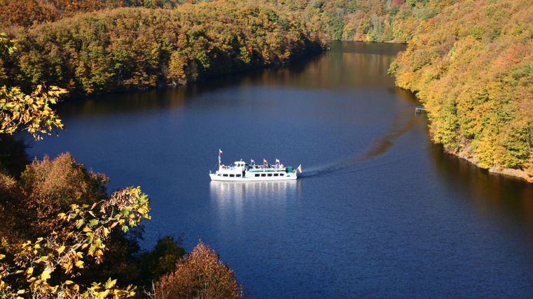 Ein Boot fährt auf einem ruhigen See, umgeben von bunten Bäumen im Herbst. Die Landschaft ist malerisch und spiegelt die Farben der Natur wider.