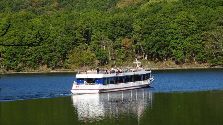 Ein Ausflugsboot fährt auf einem ruhigen See, umgeben von grünen Wäldern. Die Sonne scheint und spiegelt sich im Wasser.