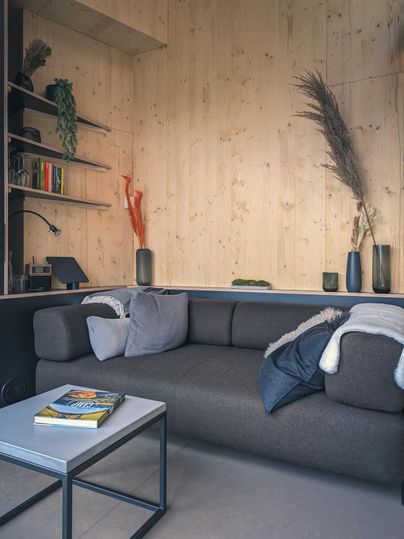 Ein elegantes Wohnzimmer mit einem dunklen Sofa und einem modernen Tisch. Die Wände sind aus hellem Holz und es gibt dekorative Pflanzen und Bücherregale.