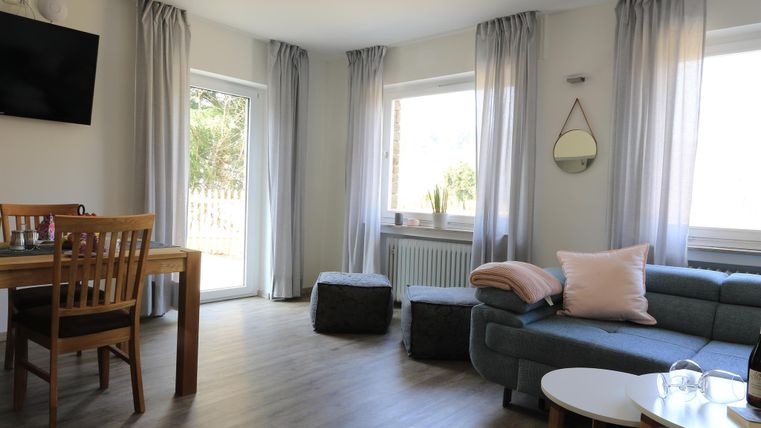 Ein gemütlicher Wohnraum mit einem grauen Sofa, einem Tisch und einer TV-Konsole. Große Fenster lassen viel Licht herein und sorgen für eine helle Atmosphäre.