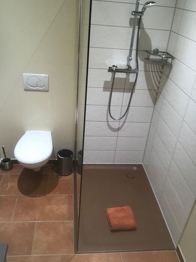 Ein modernes Badezimmer mit einer Dusche und einer Toilette. Vor der Dusche liegt ein orangefarbenes Handtuch.