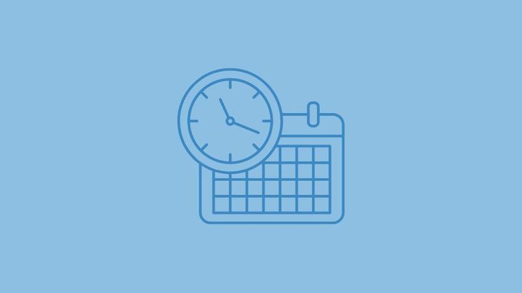 Een eenvoudig ontwerp met een klok en een kalender op een blauwe achtergrond. De afbeelding symboliseert tijdsbeheer en planning.