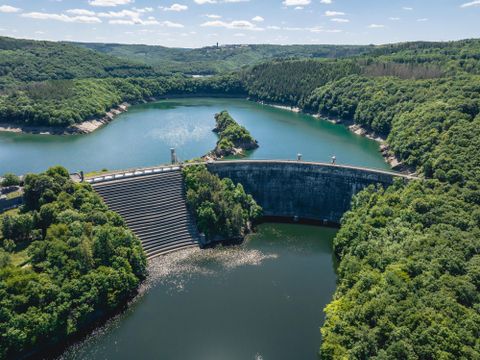 Ein Staudamm umgeben von üppigem Grün und einem ruhigen See. Der Himmel ist klar und blau, was eine friedliche Atmosphäre schafft.