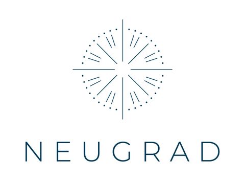Ein minimalistisches Logo mit einem geometrischen Symbol und dem Schriftzug "NEUGRAD". Die Farben sind schlicht und elegant, was einen modernen Eindruck vermittelt.