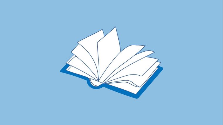 Ein einfaches, geöffnetes Buch auf einem blauen Hintergrund. Die Seiten sind in weißer Farbe mit leichtem Schatten dargestellt.