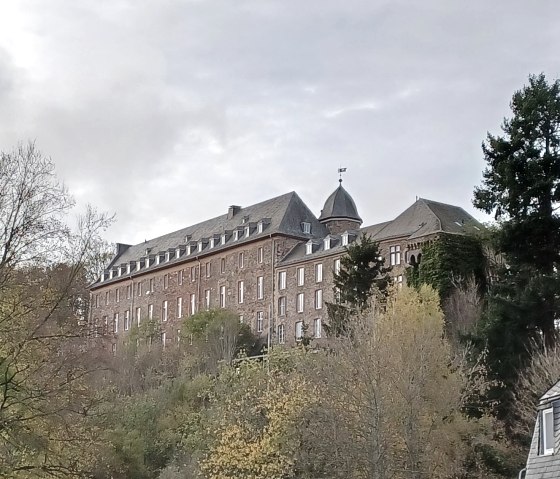 Schloss Schleiden thront majestätisch auf einem bewaldeten Hügel, umgeben von herbstlichen Bäumen und einem bewölkten Himmel., © Sweco GmbH