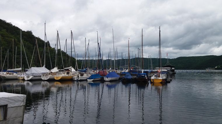 Ein Hafen mit mehreren Segelbooten, die sanft auf dem Wasser schwanken. Der Himmel ist bewölkt und die Landschaft ist grün.