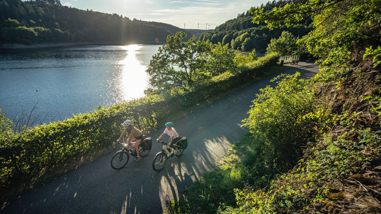 Zwei Radfahrer fahren auf einem Weg entlang eines Sees bei Sonnenschein, umgeben von grüner Natur.
