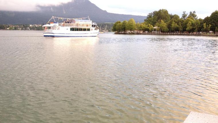 Ein Boot fährt auf einem ruhigen See, umgeben von Bäumen und einem bergigen Hintergrund. Die Himmel sind bewölkt, was eine ruhige Atmosphäre schafft.