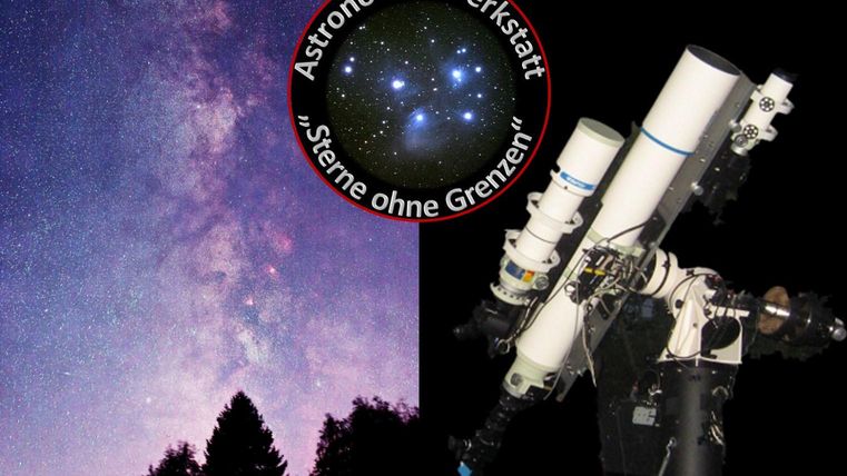 Ein beeindruckender Nachthimmel mit zahlreichen Sternen und der Milchstraße. Rechts ein Teleskop, das für die Astronomie genutzt wird.