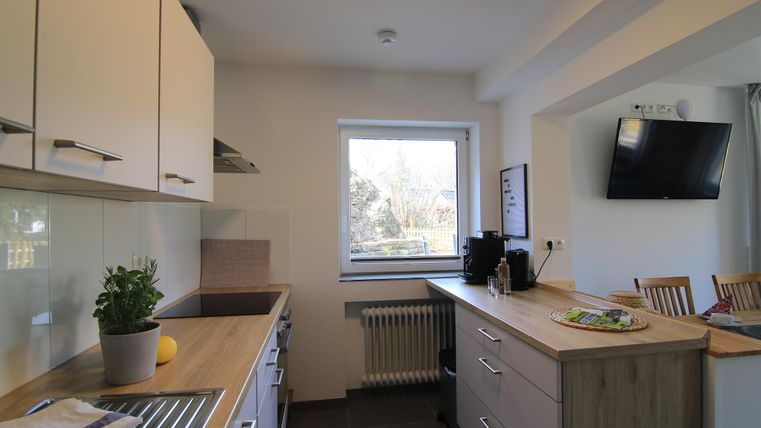 Eine moderne Küche mit hellen Möbeln und einem großen Fenster. Auf der Arbeitsplatte befinden sich frische Zutaten und eine Pflanze.