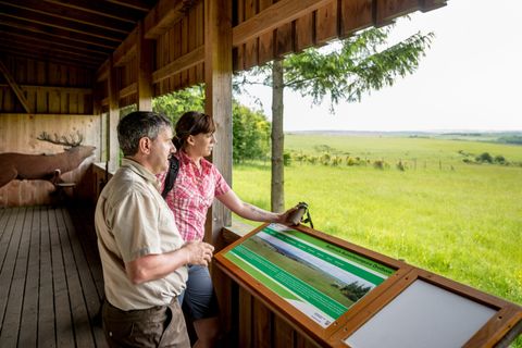Zwei Personen stehen auf einer Aussichtsplattform und schauen auf eine weitläufige grüne Landschaft. Vor ihnen befindet sich ein Informationsschild mit einer Beschreibung der Umgebung.