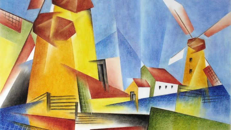 Eine farbenfrohe, abstrakte Darstellung von Windmühlen in einer ländlichen Landschaft. Die Szene zeigt geometrische Formen und lebendige Farben unter einem klaren Himmel.