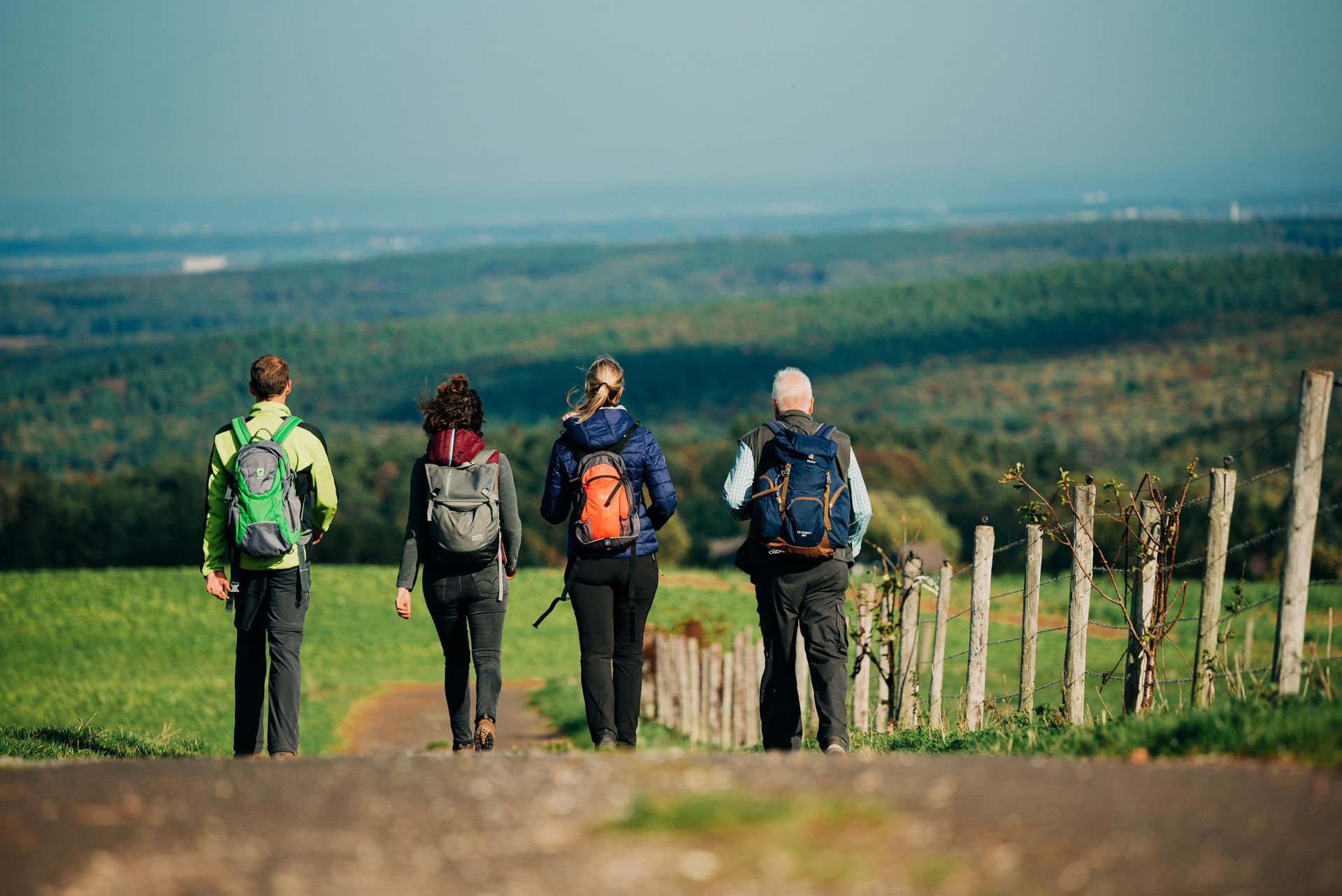 Vier Wanderer gehen einen Weg entlang, umgeben von grünen Feldern und einer weiten Landschaft. Im Hintergrund sind sanfte Hügel unter einem klaren Himmel zu sehen.