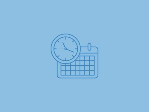 Een eenvoudig ontwerp met een klok en een kalender op een blauwe achtergrond. De afbeelding symboliseert tijdsbeheer en planning.