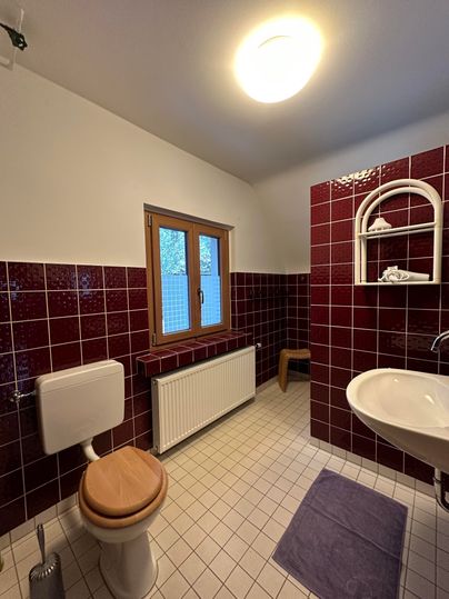 Ein Badezimmer mit burgunderfarbenen Fliesen und einem Fenster. Es gibt eine Toilette, ein Waschbecken und eine Heizung.