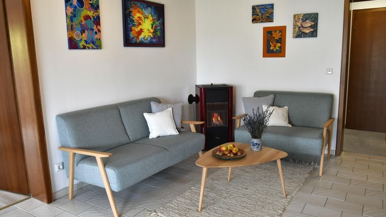 Ein gemütliches Wohnzimmer mit zwei grauen Sofas und einem Tisch. An der Wand hängen bunte Gemälde und es steht ein kleiner Ofen in der Ecke.